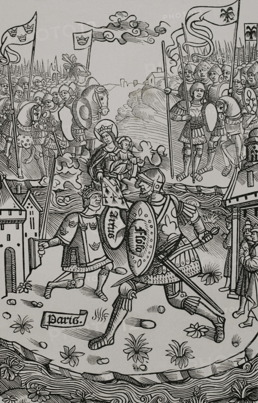 King Arthur fighting the giant, under the protection of the Virgin. 1514, (1877). Creator: Unknown.