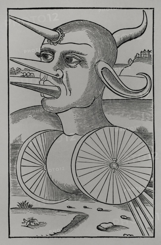 Wheeled war machine for breaking enemy ranks or crushing soldiers, 1532, (1877).  Creator: Unknown.