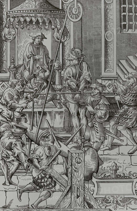 Medieval torture scene: The Estrapade, or Question Extraordinary, 1541, (1878).  Creator: Unknown.