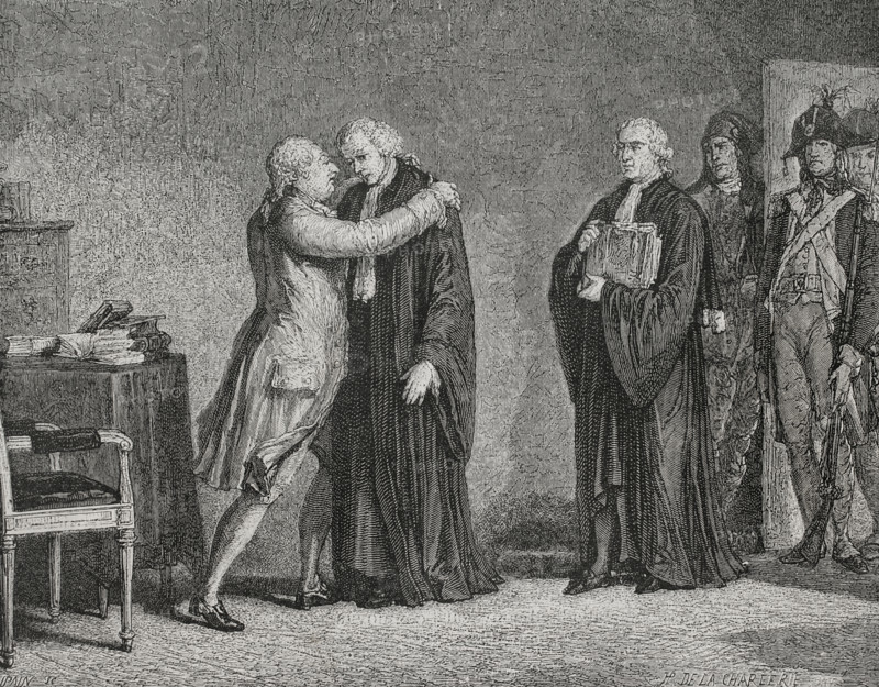 Meeting of Louis XVI with his lawyer Malesherbes, (1721-1794), 1876.  Creator: Hippolyte de la Charlerie.
