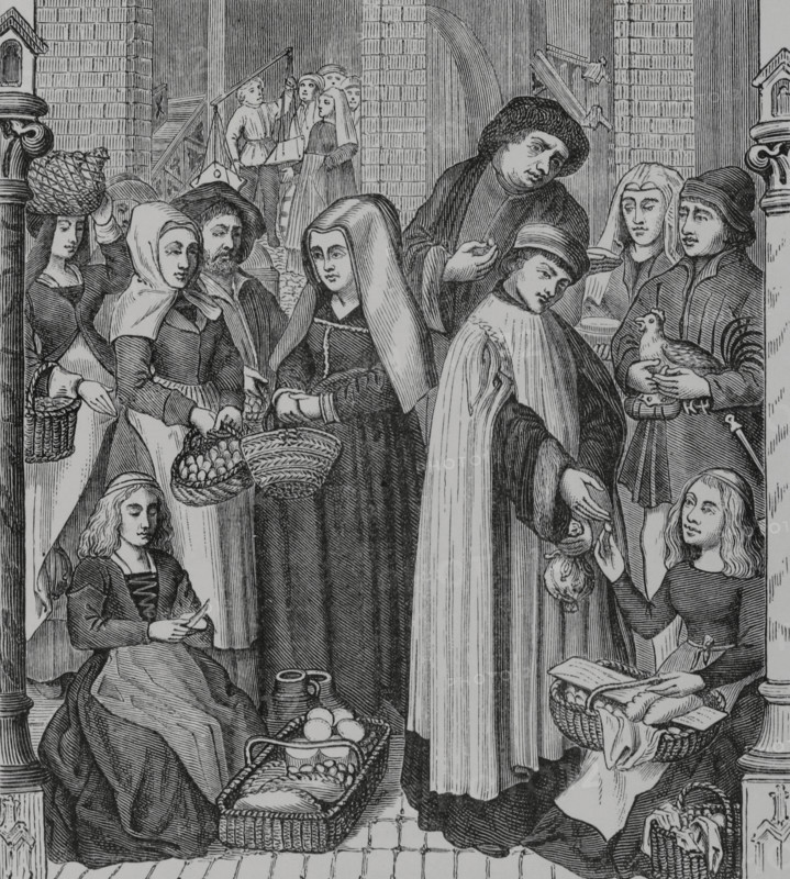 Chapter right on markets and food stalls - Toll on market, levied by a cleric, 15th century (1878). Creator: Unknown.