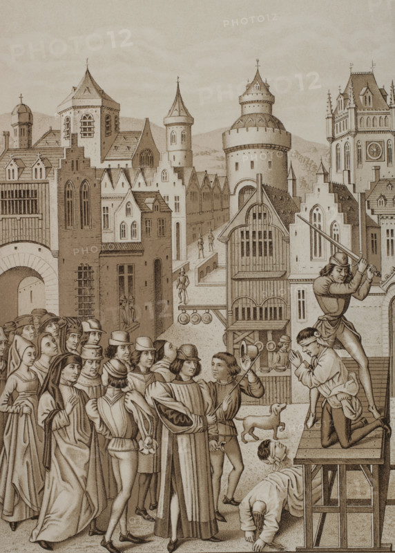 Decapitation of Guillaume de Pommiers and his confessor, John Coulon, Bordeaux, 1377..., 1878.  Creator: Unknown.