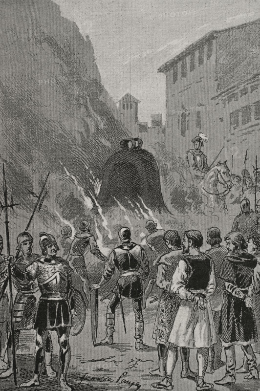 Insurgents forced to drink the molten liquid of the bells as a punishment, 1348, (1890).  Creator: Joan Serra y Pausas.