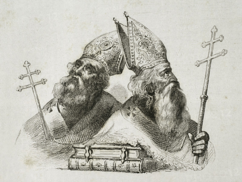 St Vrtanes patriarch and St Narses Claiensis, Armenian Apostolic Church, 1838.  Creators: Hippolyte Lalaisse, Langlois.