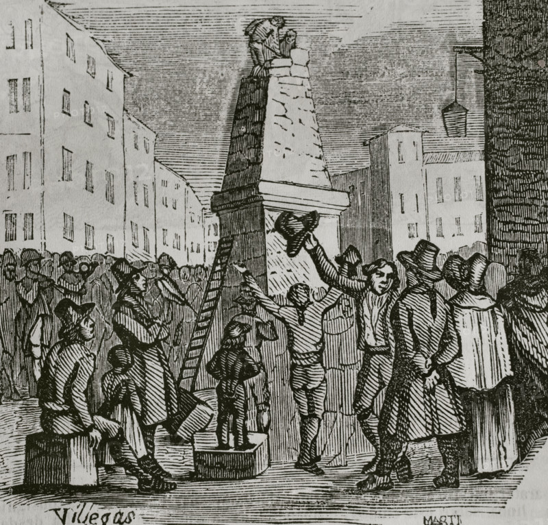 Demolition of the Pyramid of Roncesvalles after the occupation by French troops, War of..., 1851.  Creator: Unknown.