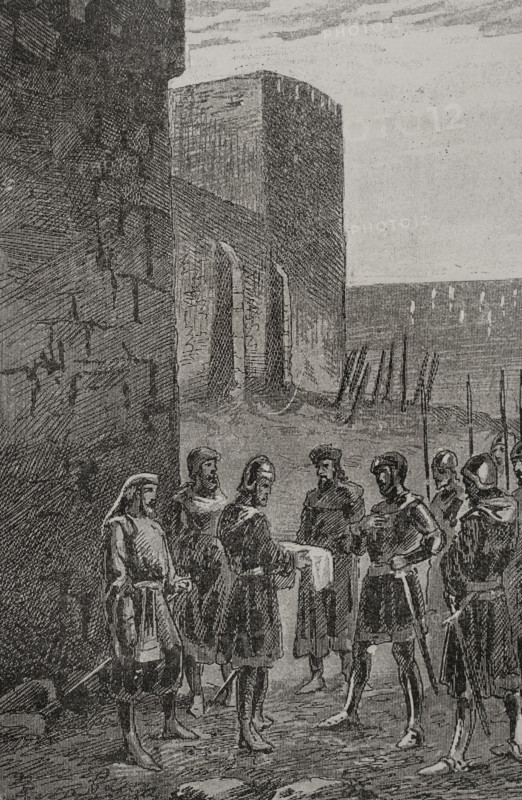 James and Charles of Anjou agreeing a truce next the walls of Gaeta, 1289 (1890). Creator: Unknown.