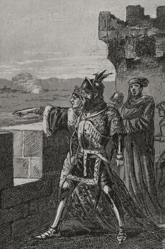James and his mother on the battlement of the walls of Balaguer, 1413, (1890).  Creator: Unknown.