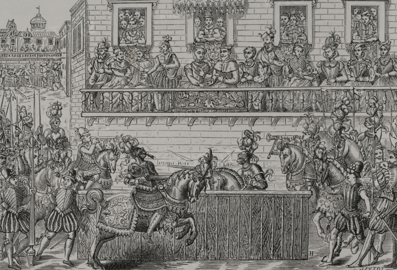 King Henry II of France, (1519-1559) mortally wounded by the Count of Montgomery,.. 1599, (1877). Creator: Unknown.