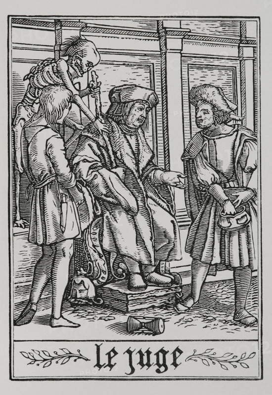 The Judge is visited by Death from "The Dance of Death", 1538, (1877). Creator: Unknown.