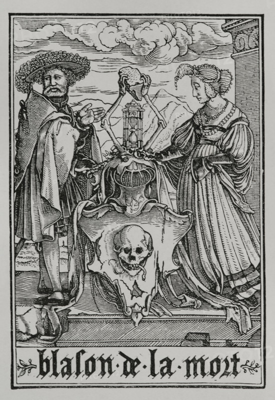 The coat of arms of Death from "The Dance of Death", 1538, (1877).  Creator: Unknown.