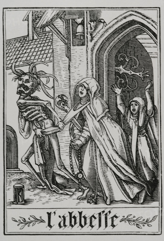 The Abbess visited by Death from "The Dance of Death", 1538, (1877). Creator: Unknown.