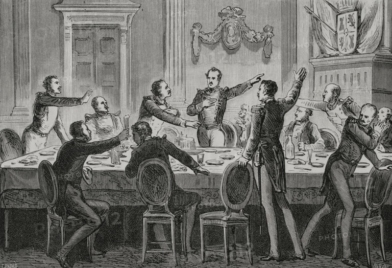 Baldomero Espartero holding a banquet with all his officers and Baron Nordenflicht..., 1879.  Creator: Unknown.