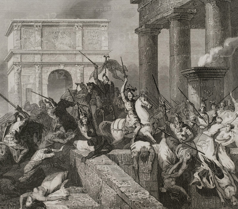 Sack of Rome by the Visigoths led by Alaric I in 410, during the reign of Emperor Honorius, 1853.  Creator: Unknown.