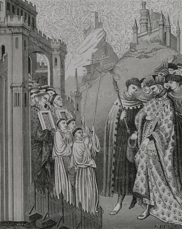 The clergy solemnly come with the cross and holy images before a lord at the door of a..., 1877.  Creators: Jules Jean Marie Joseph Huyot, J Petot.