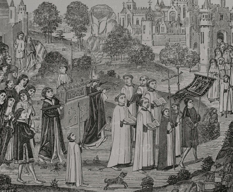 Count Renier bearing the body of Saint Veronica to Saint Waltrude Collegiate...1446-48 (1877).  Creator: Jules Jean Marie Joseph Huyot.
