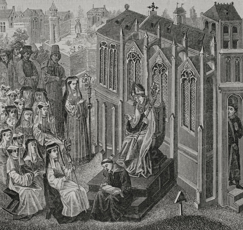 Canonesses gathered in Nivelles, where Walcaud, bishop of Liège, (810-832)...late 14th cent (1877).  Creator: Unknown.