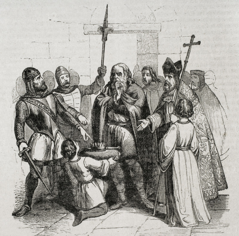 Coronation of King Wamba in Toledo, who was anointed by Bishop Quiricus on 20 September 672 (1852).  Creators: José Vallejo, Capuz.