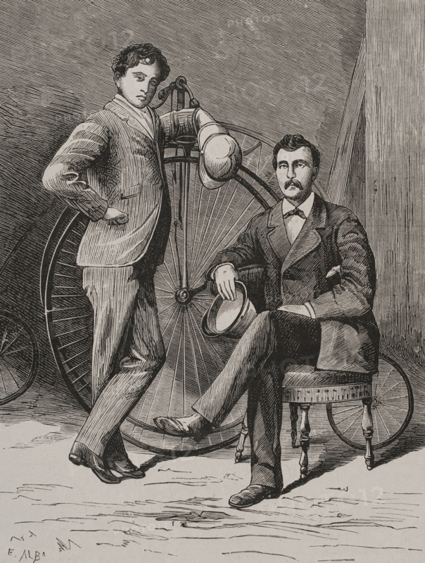 The velocipedists Emmanuel de Graffenried and Albert Laumaillé, (1848-1901)..., 1878.  Creator: Enrique Alba.