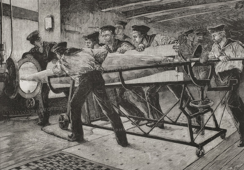 Torpedo practice on board HMS Thunderer, preparing to launch a Whitehead Fish Torpedo..., 1878. Creator: Unknown.