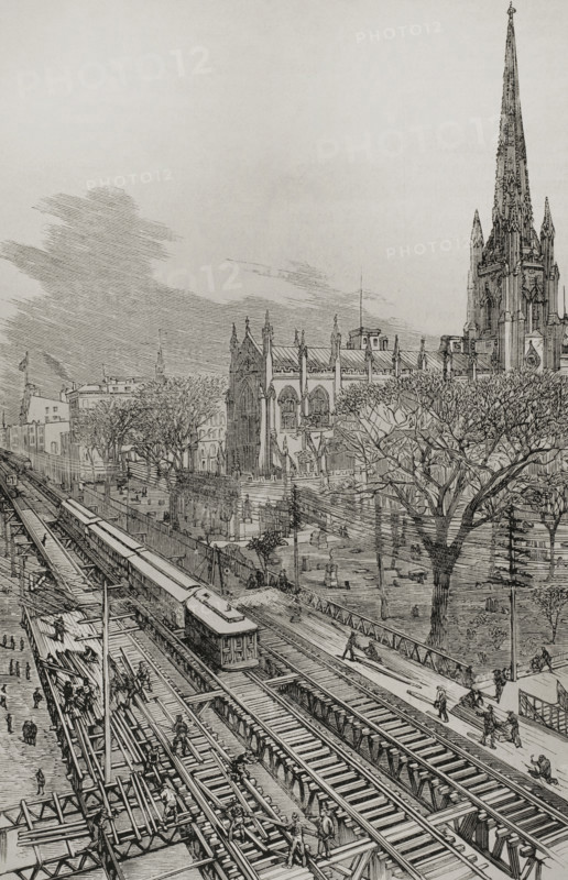 Panoramic view of the new elevated railway, Gilbert system, taken from New Church St, New York 1878. Creator: Unknown.