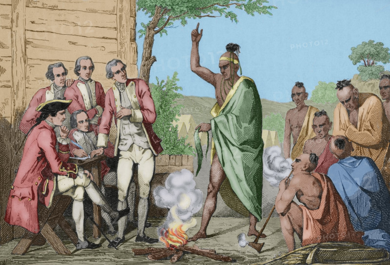 Native American council and conquistadors meeting around a fire, United States, 1837, (1850). Creator: Emile Louis Vernier.