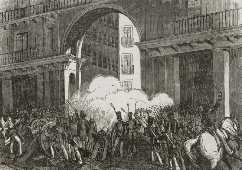 Defense of the Plaza Mayor, Madrid, Spain on July 7, 1822, (1853). Creators: Bernardo Rico, Miranda.