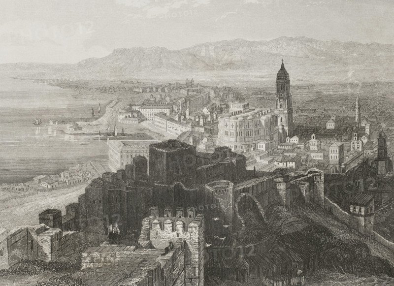 Panoramic view of the city of Malaga, Andalusia, Spain, 1853. Creator: Antonio Roca Sallent.