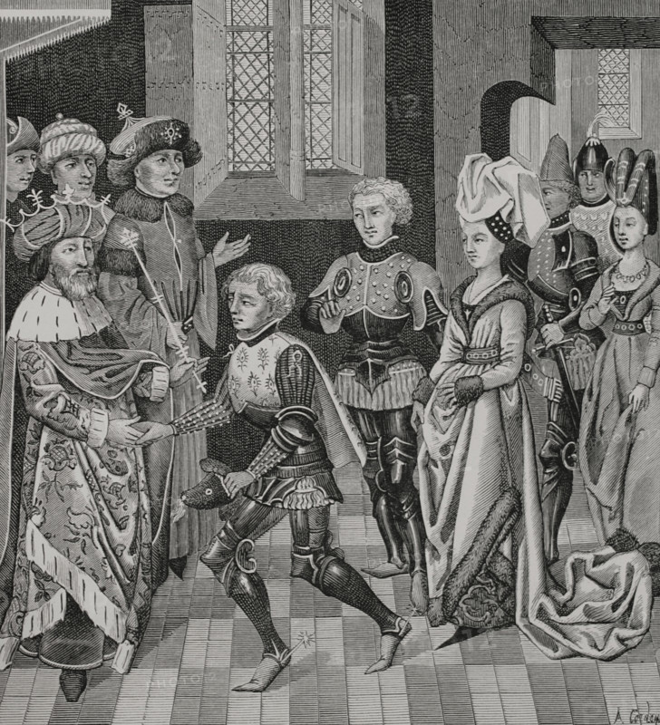 Coloman, (1070-1116), King of Hungary receiving Walter Sans Avoir..., 15th century (1877).  Creator: Unknown.
