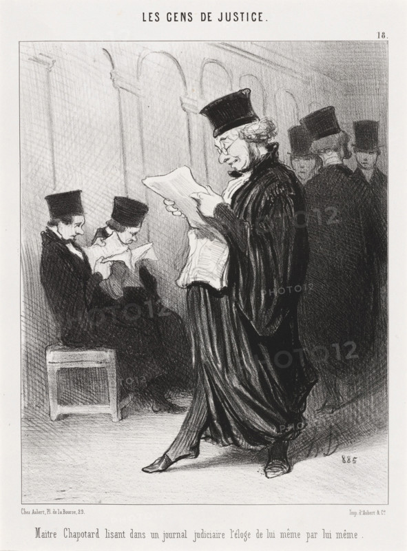 Maitre Chapotard lisant dans un journal judiciaire l'éloge de lui même par lui même, 1846. Creator: Honore Daumier.