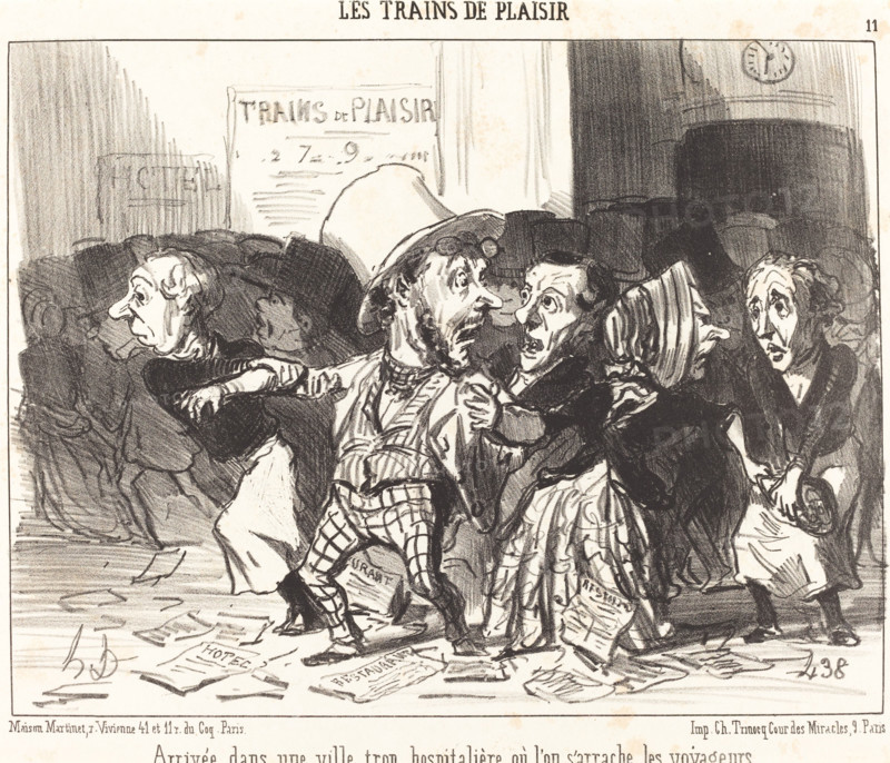 Arrivée dans une ville trop hospitalière où l'on s'arrache les voyageurs, 1852.  Creator: Honore Daumier.