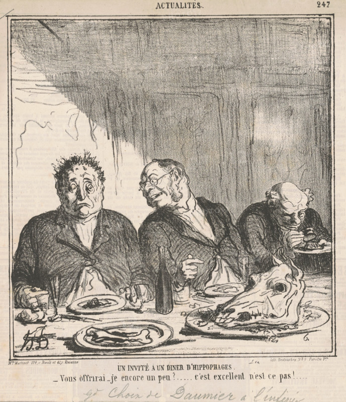 Un invité à un dîner d'hippophages: Vous offrirai-je encore un peu? C'est excellent..., Mar 24, 1865 Creator: Honore Daumier.