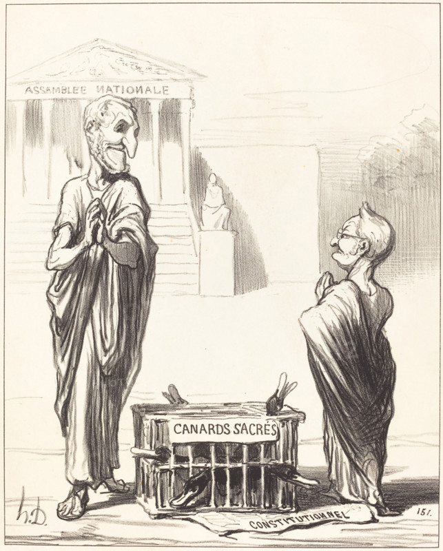 Les Augures de l'Empire s'apprêtant à consulter les entrailles des canards sacrés..., 1850.  Creator: Honore Daumier.