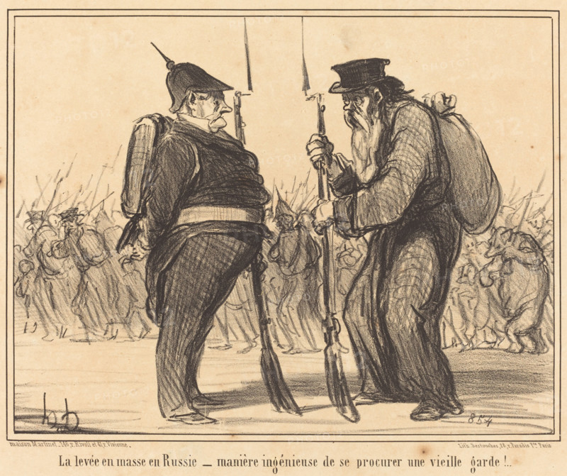 La levée en masse en Russie - manière ingénieuse de se procurer une vieille garde!..., 1855.  Creator: Honore Daumier.