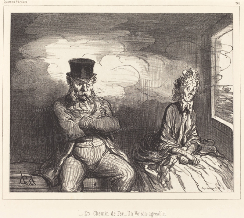 En Chemin de Fer - Un Voisin agréable, 1862. Creator: Honore Daumier.