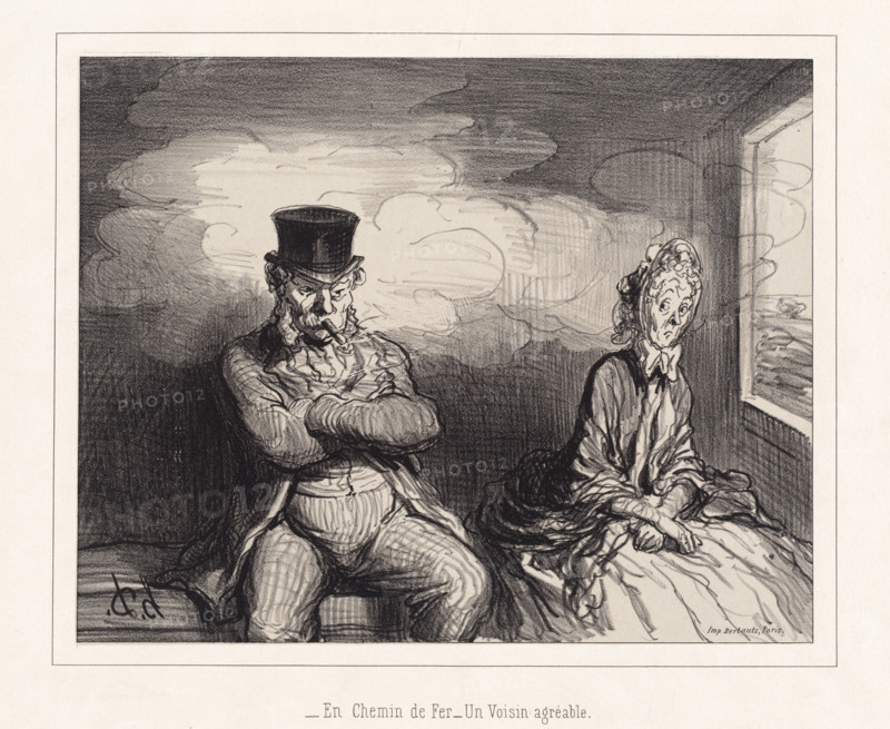 En Chemin de Fer - Un Voisin agréable, 1862. Creator: Honore Daumier.