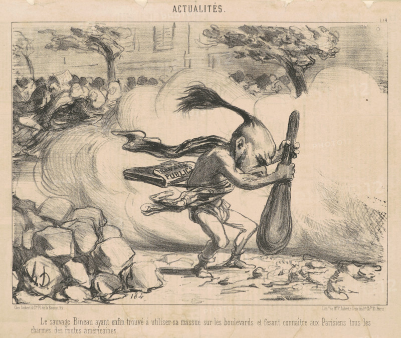 Le sauvage Bineau ayant enfin trouvé à utiliser sa massue sur les boulevards..., 1850.  Creator: Honore Daumier.