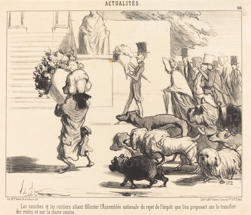 Les caniches et les rentiers allant féliciter l'Assemblée nationale..., 1850. Creator: Honore Daumier.