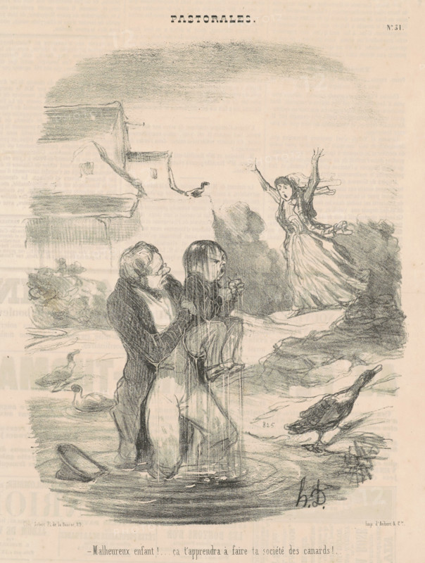 Malheureux enfant! ... ça t'apprendra à faire ta société des canards!..., c 1845. Creator: Honore Daumier.