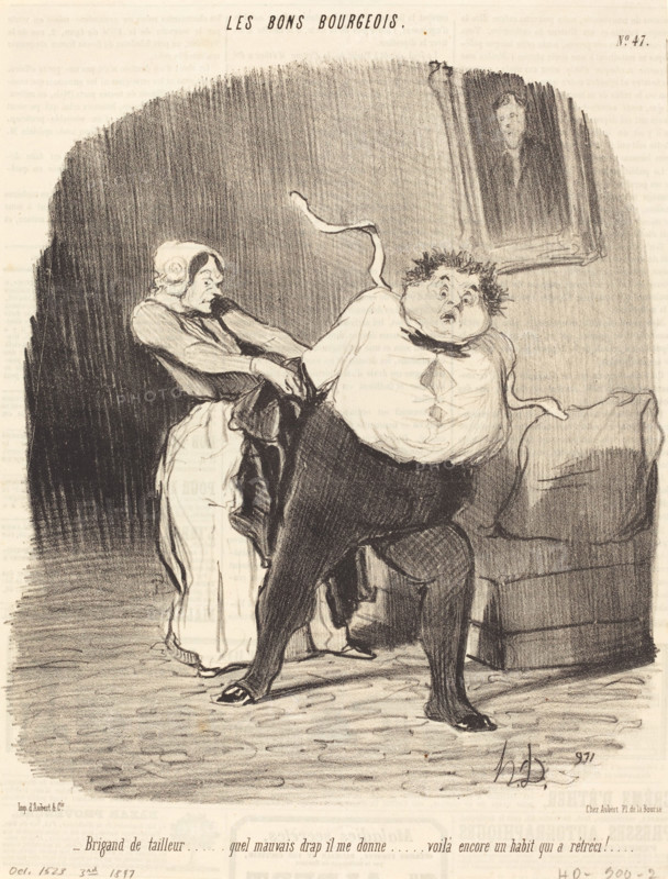 Brigand de tailleur...quel mauvais drap il me donne...voilà encore un habit qui a rétréci!..., 1847. Creator: Honore Daumier.