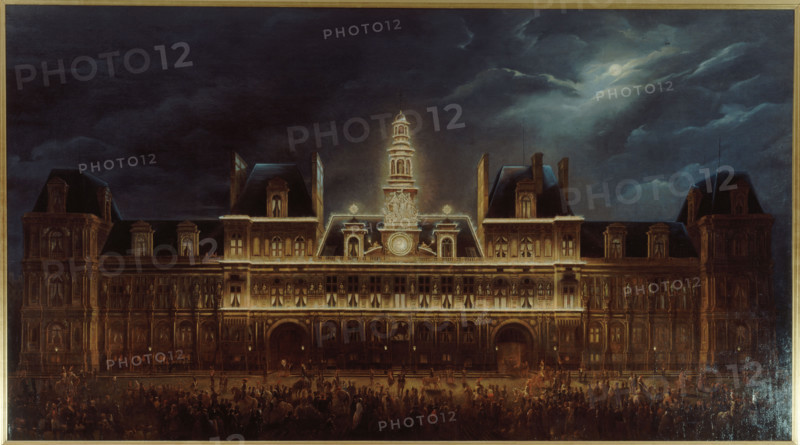 Illumination of the Hôtel de Ville for King's Day, May 1, 1847, (1847). Creator: Auguste Roux.