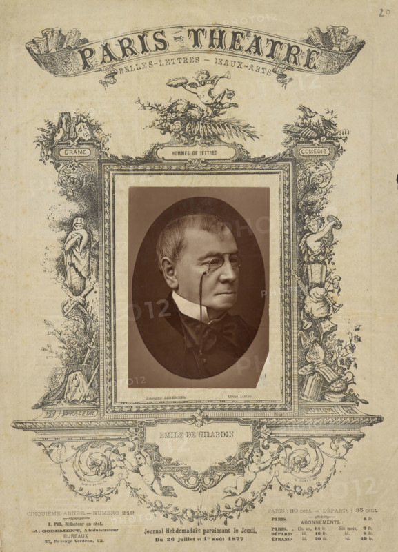 Emile De Girardin Paris theatre cover, about 1877. Creator: J. M. Lopez.