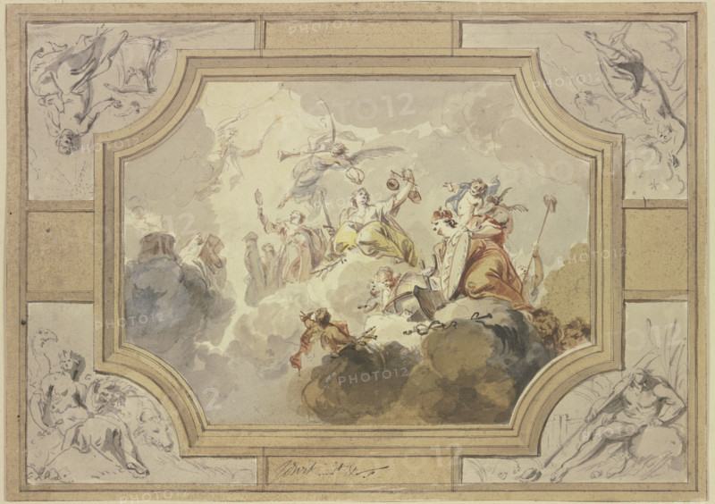 Justice and Truth, surrounded by the personifications of the four Elements, early-mid 18th century. Creator: Jacob de Wit.
