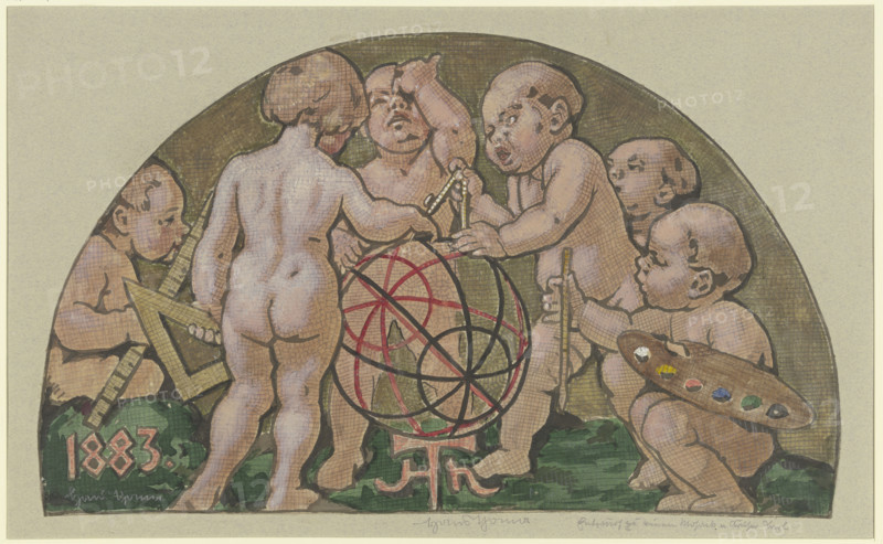 Putti with armillary sphere from the (destroyed) mosaic at the "Zum Kaiser Karl" house..., c1882-83. Creator: Hans Thoma.