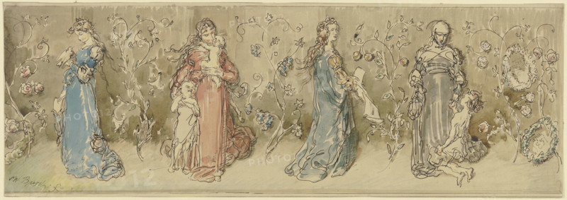 Four allegorical female figures, 1875. Creator: Wilhelm Busch.