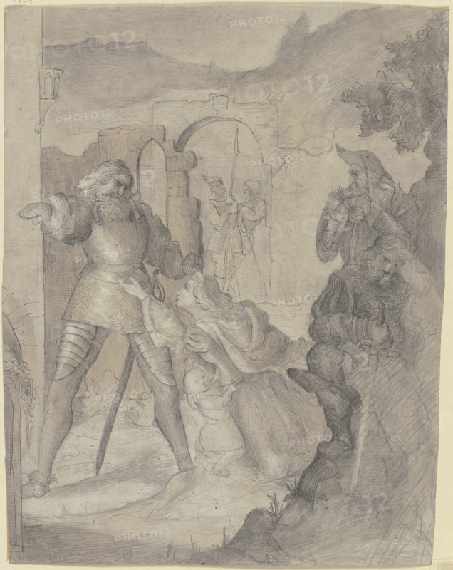 A woman with a child kneels imploringly before a knight, with other knights and a castle beside her. Creator: Victor Muller.