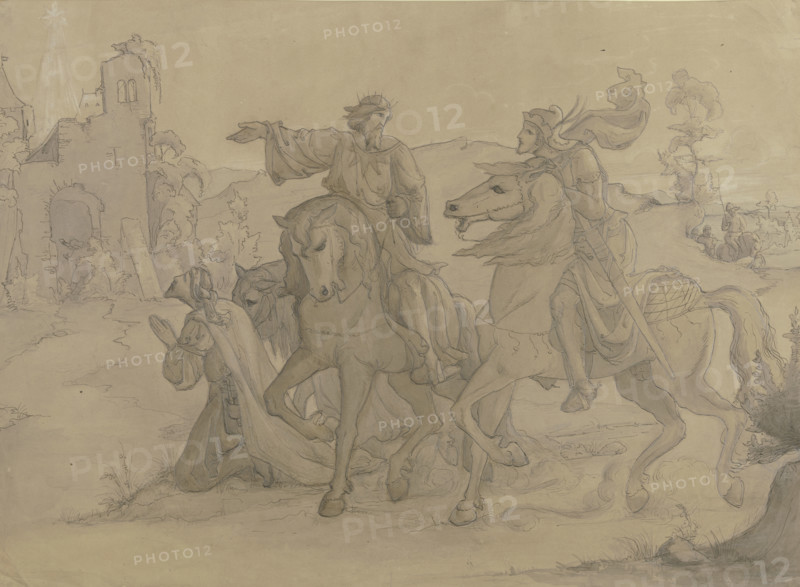 A mounted king shows a warrior on horseback the way to a ruin above which a star shines, 1846. Creator: Victor Muller.