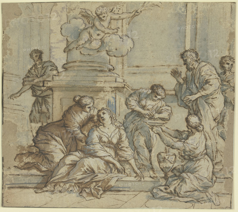 A woman slumped against a pillar is supported by three others, one holding a washbasin... Creator: Giuseppe Nicola Nasini.