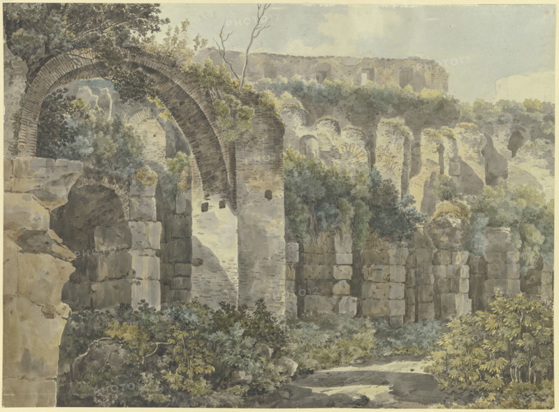 Roman ruins with a large arch and high walls, overgrown with plants, 18th century. Creator: Unknown.