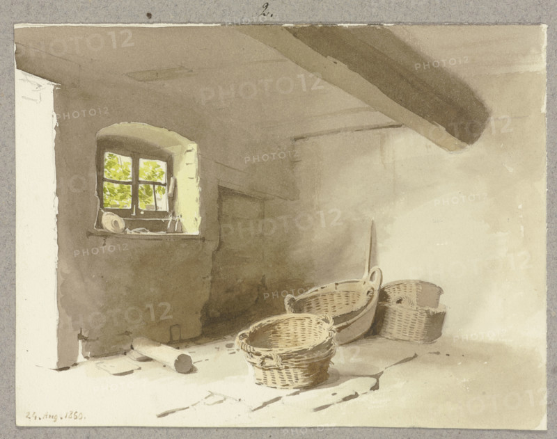 Unfurnished room, some baskets on the floor, 1860. Creator: Carl Theodor Reiffenstein.