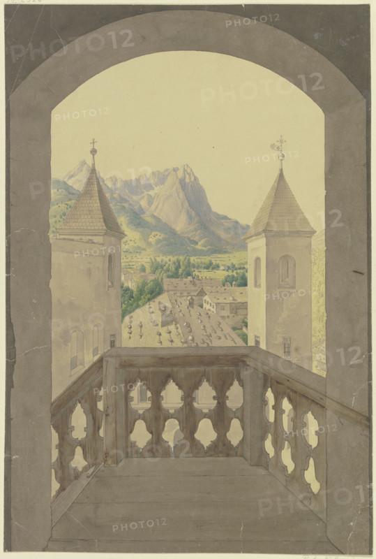 Wooden balcony with stairs, view of a Tyrolean village, snow-capped mountains..., 19th century. Creator: Karl Ballenberger.
